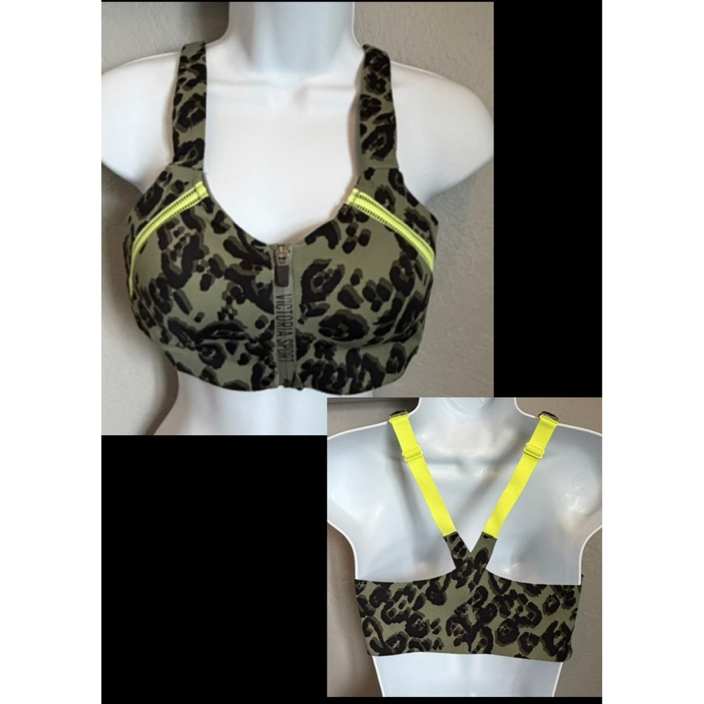 Victoria Secret Sports Bra 34C Green Knockout Double Layer Leopard‎ Front Zip